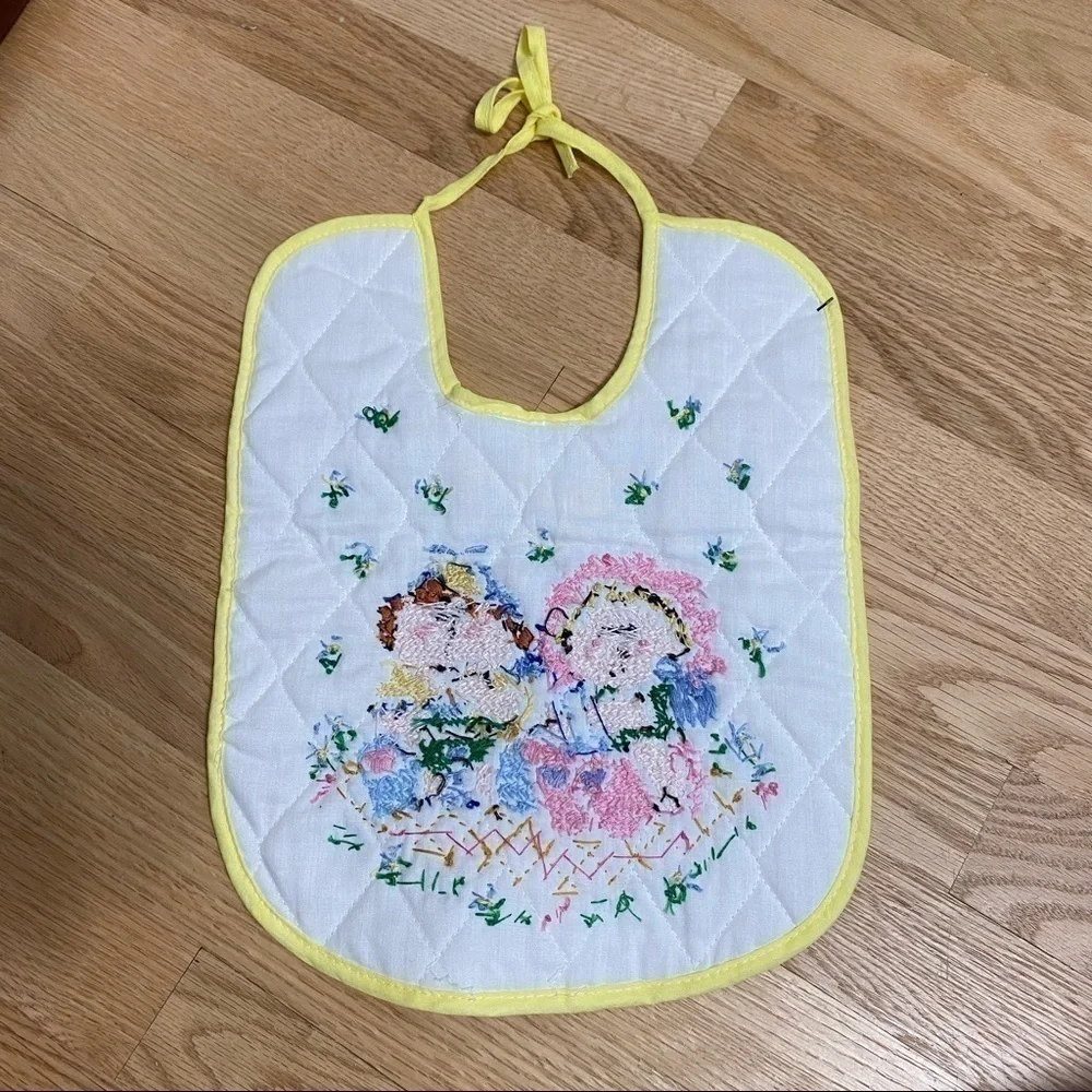Vintage Cross Stitch Cabbage Patch Kids Baby Bib Yellow White Gender Neutral